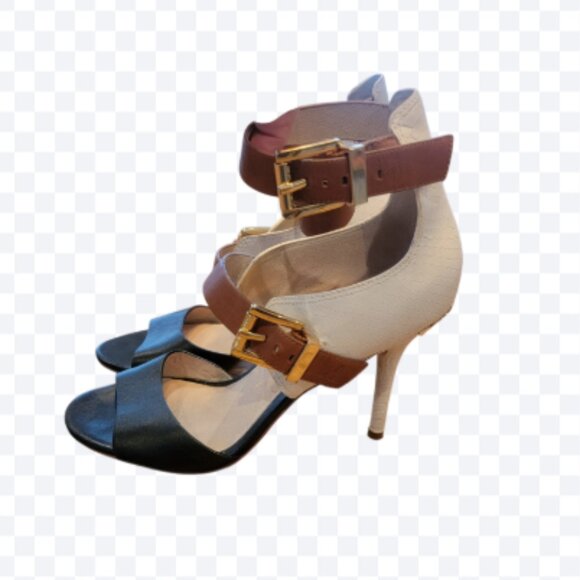 BEAUTIFUL Michael Kors Adriana Ankle Strap Brown/Cream High Heel Pumps Open Toe - Picture 1 of 16